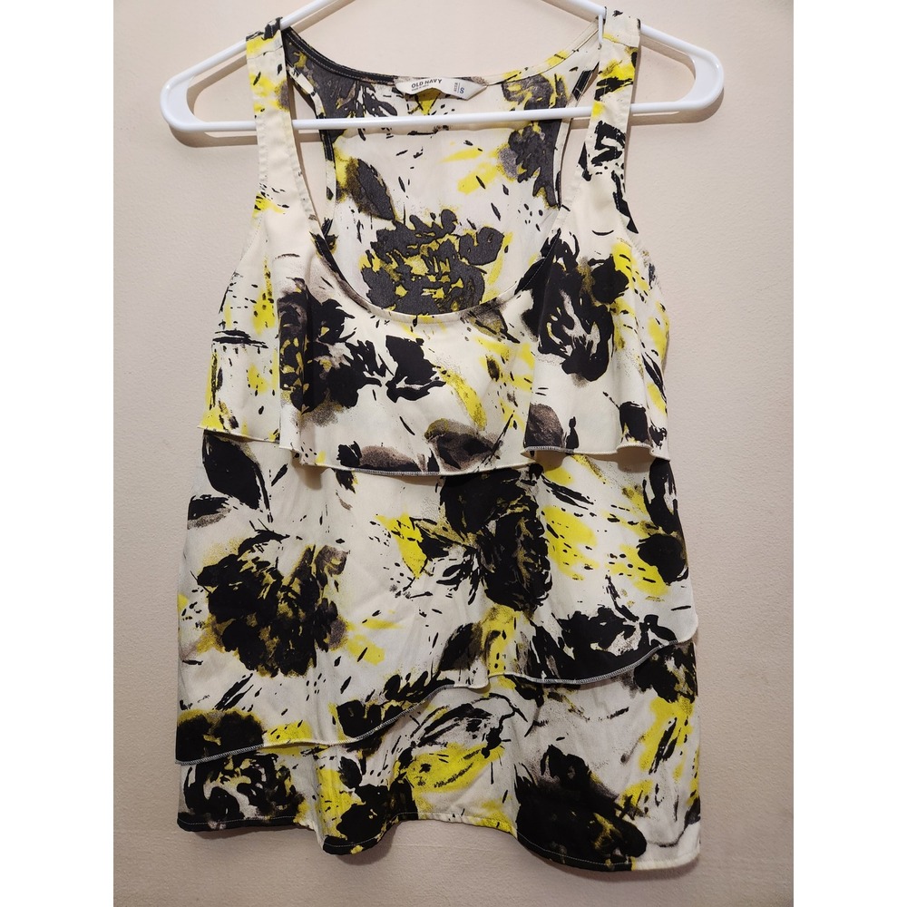 Old Navy Womens Small Yellow Black Floral Tiered Ruffle Racerback Tank Top Shell